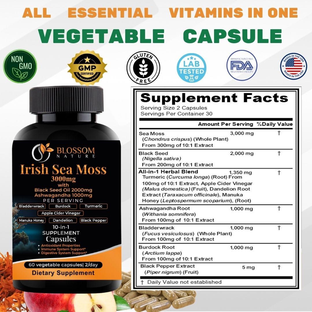 10-in-1 Irish Sea Moss Veggie Caps 3000mg Black Seed Oil Ashwagandha Bladderwrack Burdock Turmeric Apple Cider Vinegar Manuka Honey Dandelion Black Pepper - Made in US(Veggie Caps, Unflavored)