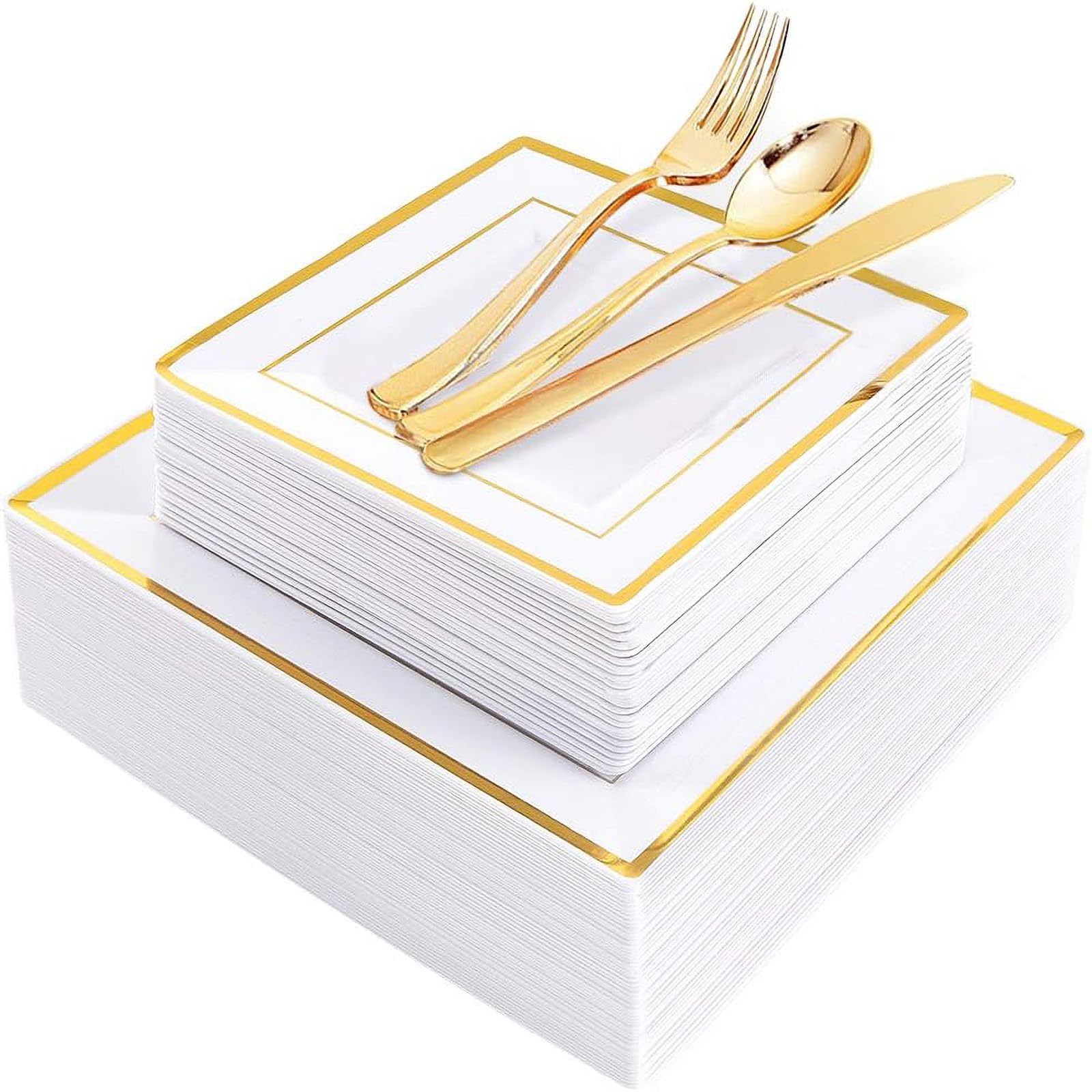 Photo 1 of WDF 11pcs Gold Plastic Plates With Disposable Plastic Silverware- Gold Rimmed Plastic Plates 
*ONLY 11 PLATES *