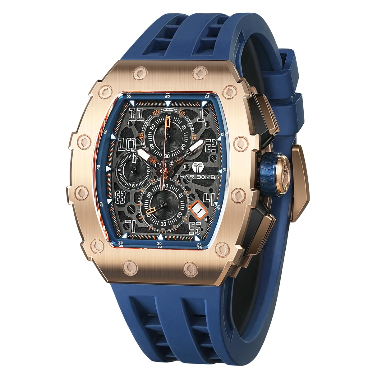 TSAR BOMBA Men’s Watch Watches 50M Waterproof Tonneau Stainless Steel Case Sapphire Glass with Chronograph Date Function Japanese Quartz Movement Gifts for Men Fashion Luxury Cool