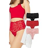 High Waisted Lace Thongs for Women - Rise Lacy Thong Underwear - Sheer High Waist Coverage Plus Size Women's Sexy Panties