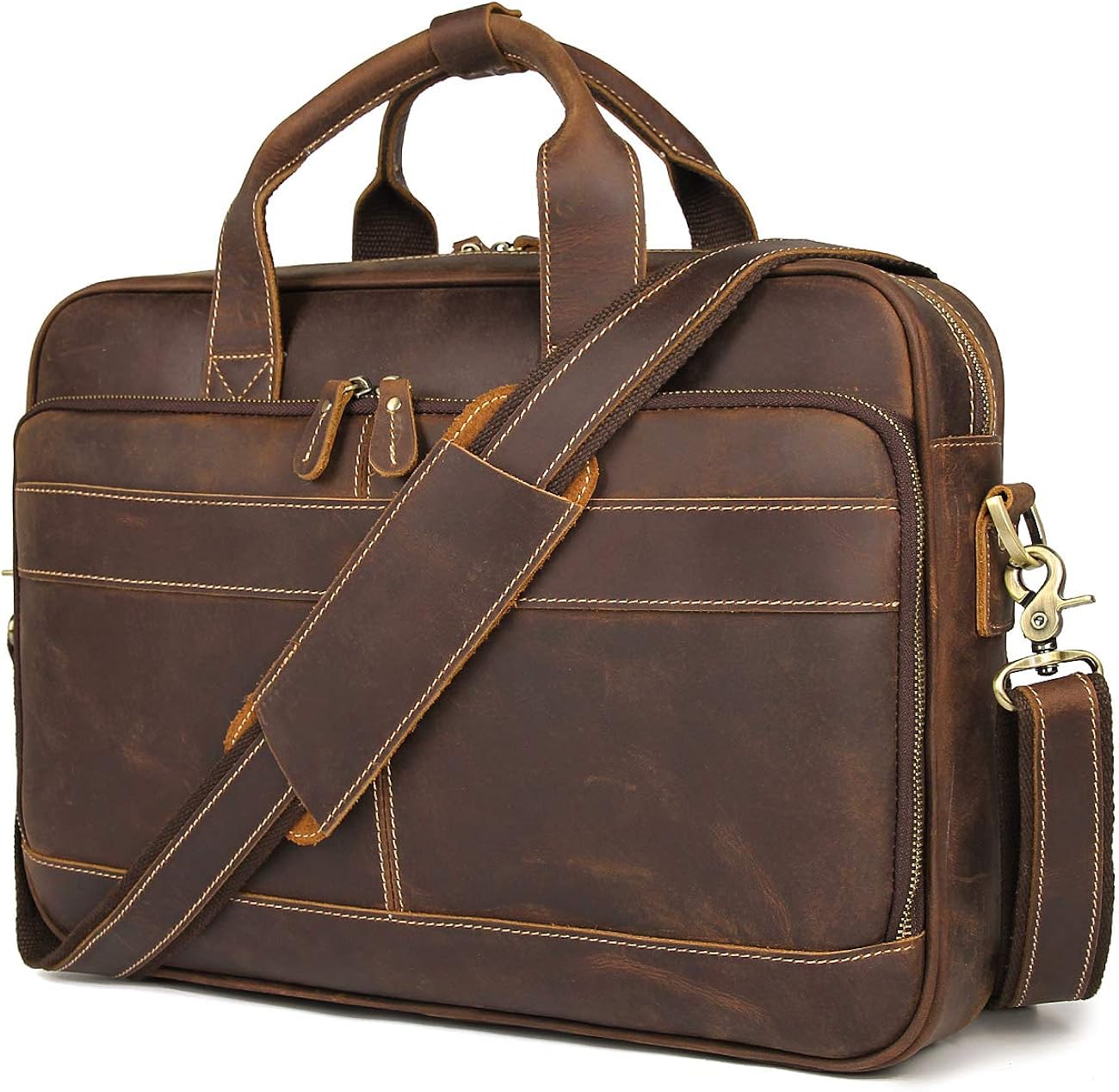  | Augus Leather Messenger Bag for Men Vintage Travel Backpack 15.6 inch laptop Briefcase Shoulder Bags With YKK Metal Zipper | Briefcases