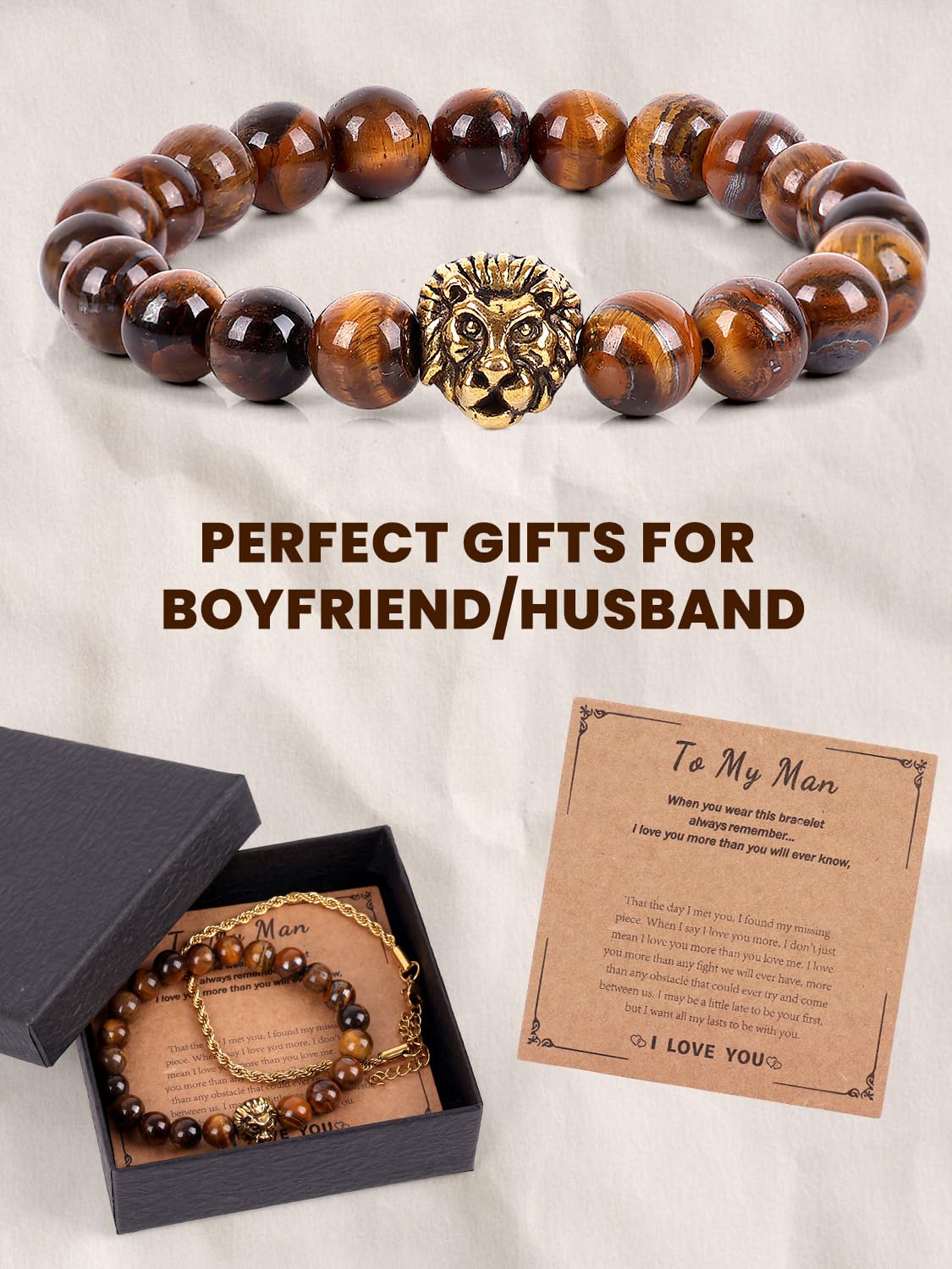 COZEFFIC Mens Beaded Bracelets Tiger Eye 8mm Natural Stone Beads Adjustable Bracelet Set, Stainless Steel Chain Link Bracelet Jewelry for Men Birthday Anniversaries Gifts Boyfriend Husband Him