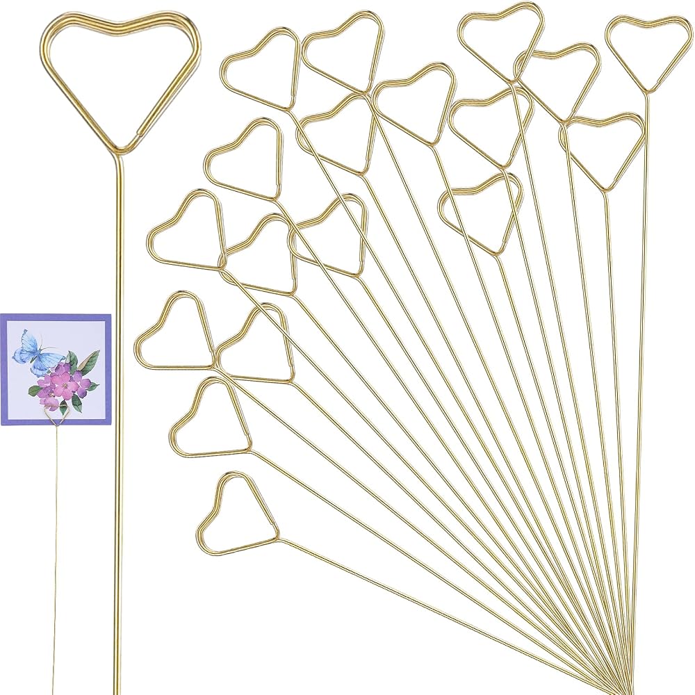 Mabor 20pcs Gold Heart Metal Place Card Holders Floral Picks 11.81in