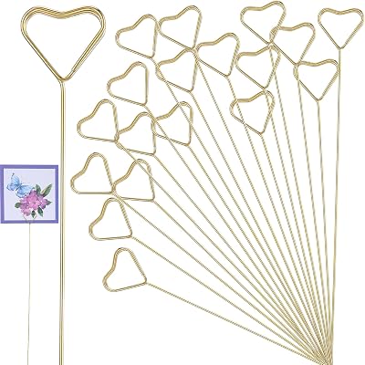 Mabor 20pcs Gold Heart Metal Place Card Holders Floral Picks 11.81in