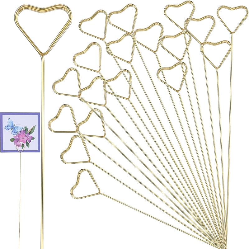 Mabor 20pcs Gold Heart Metal Place Card Holders Floral Picks 11.81in