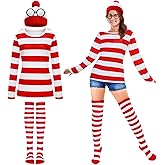 Snwquik 4 Pcs Halloween Costume Accessories Adult, Red White Striped T-Shirt/Stockings/Hat/Glasses for Women Cosplay Set