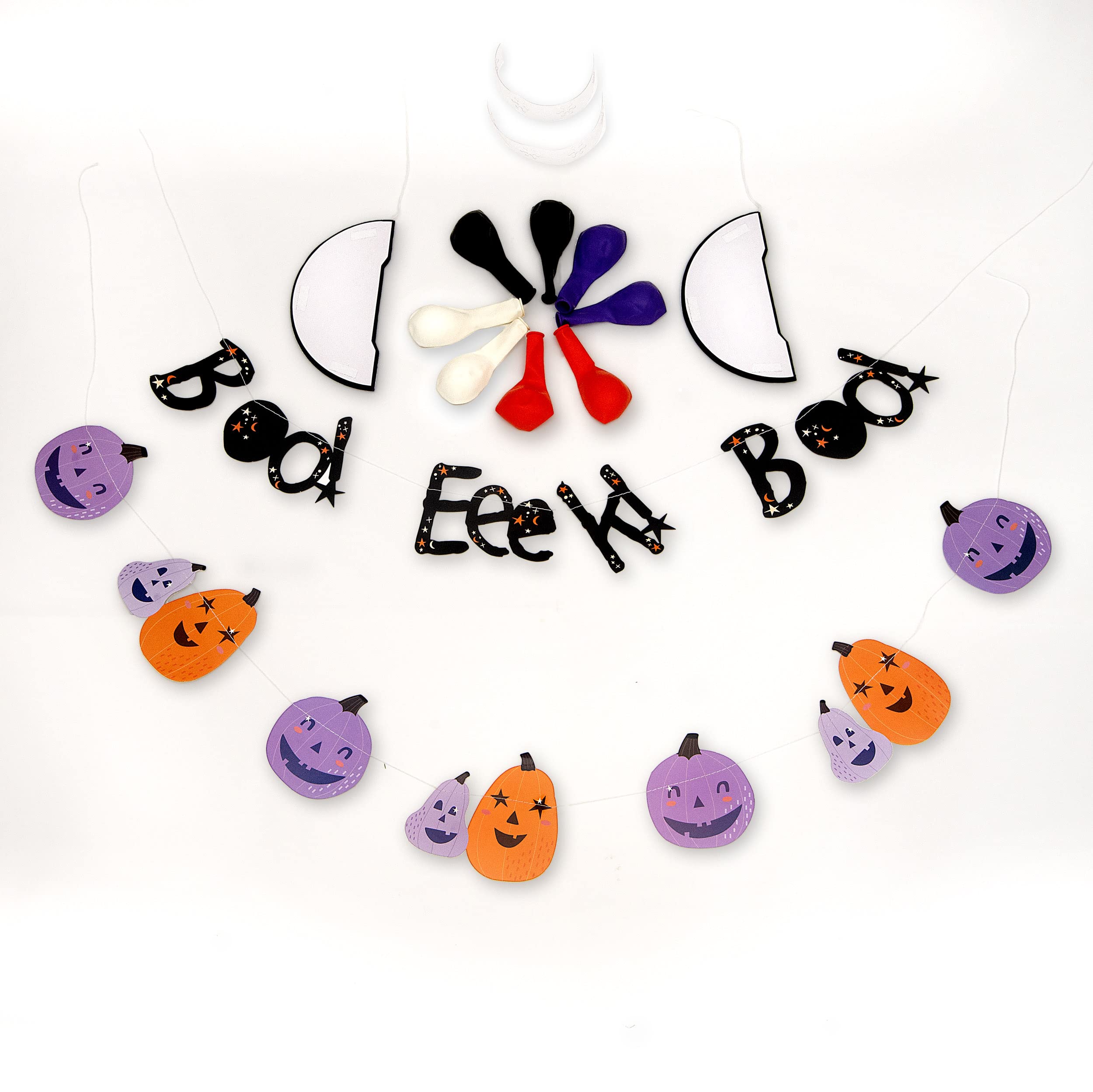 PUKKA party Halloween Decoration Pack – Boo! Eeek! Boo! Hanging Banner 1.5m, 8 Balloons 11”, 2 Honeycombs 8”, & Jack-O-Lantern Pumpkin Garland for Haunted Houses, Gothic Parties, and Trick or Treaters