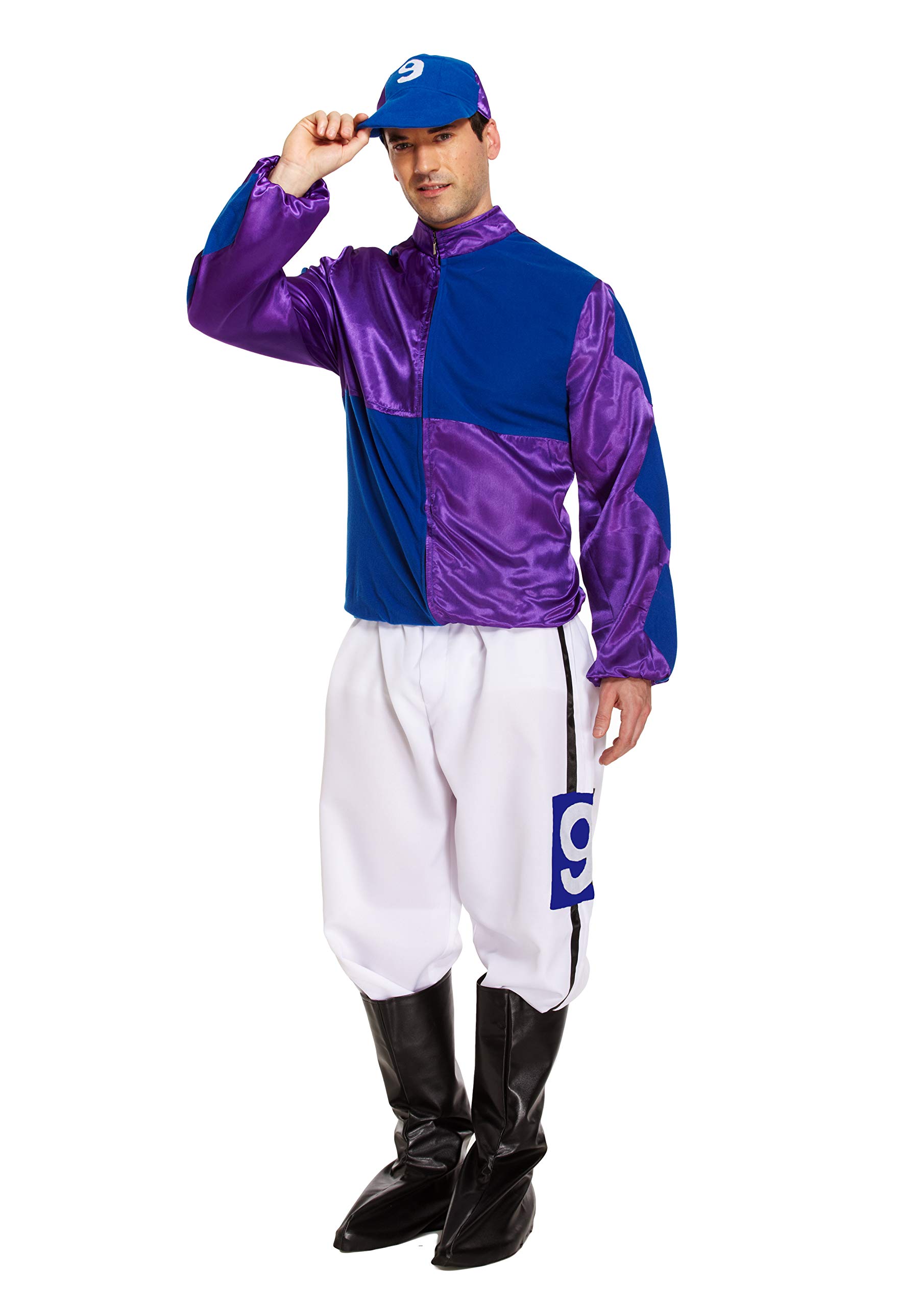HENBRANDT Adult Men’s Blue and Purple Horse Jockey Outfit with Peaked Hat and Boot Covers Sports Fancy Dress Costume Racing Jockey Dress Up Outfit One Size Mens Fancy Dress Costume