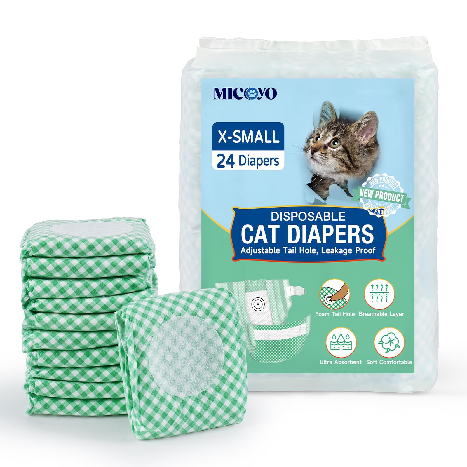 MICOOYO Disposable Cat Nappies Female Super Absorbent Puppy Nappies Cat Dog Hygiene Pants Cats Diapers for Female in Heat & incontinence(XS, 24Pack)