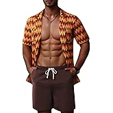 ZSJR Mens 2 Pieces Outfits Summer Beach Set Tracksuit See Through Sheer Hollow Out Short Sleeve Lace Shirts and Shorts Sets