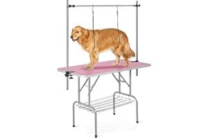 Yaheetech 46'' Pet Grooming Table for Large Dogs Adjustable Height - Portable Trimming Table Drying Table w/Arm/Noose/Mesh Tray Maximum Capacity Up to 265Lb -Pink