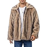 Ogfao Mens Faux Fur Coat Fluffy Furry Jackets Lapel Collar Long Sleeve Warm Winter Jacket