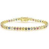 Gemsme 3.0mm Colorful Tennis Link Bracelet, 18K White/Yellow Gold Plated Bezel-Set 3MM Cubic Zirconia Rainbow Tennis Bracelet for Women 6-8.5 Inches