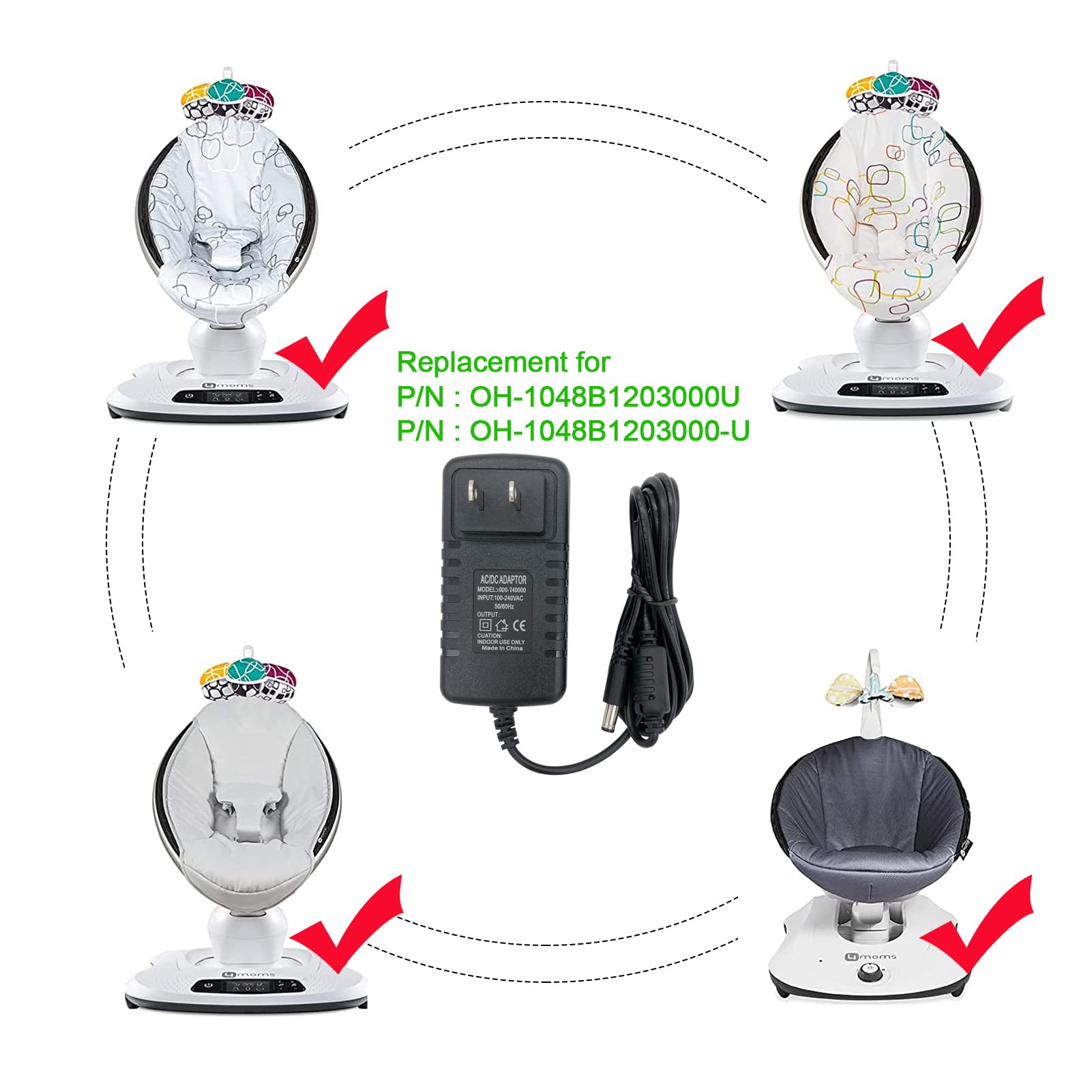 Mamaroo Replacement Power Cord - 12V AC Adapter fit for 4moms Mamaroo RockaRoo Baby Swing, 6.6 ft Charger Cable (Black)