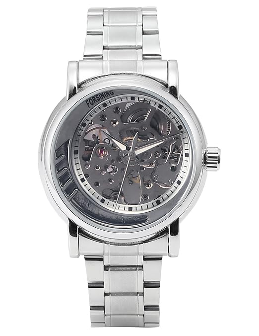 EASTPOLE Herren Mechanische Armbanduhr Skelett Silber Uhr Edelstahl Band + EASTPOLE Box PMW487