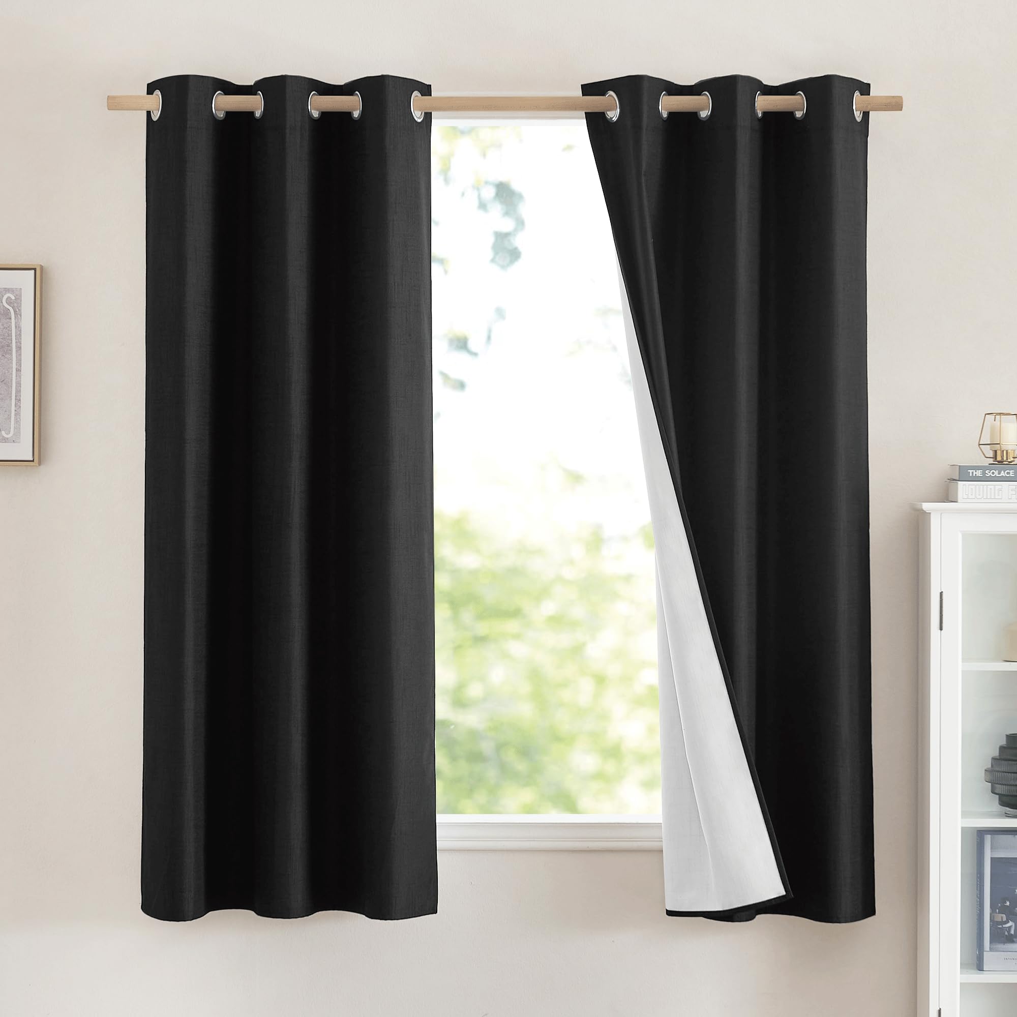 Photo 1 of NICETOWN Vintage Open Linen Weave Flax Thermal Curtains, 100% Blackout Curtains 63 inches Long for Dining Room, Soundproof Window Treatment Drapes for Cupboard, Black, 42" Wide Per Panel, Set of 2
