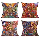 ArtSocket Set of 4 Linen Throw Pillow Covers Mexican Huichol Decorative Pillow Cases Home Decor Square 18x18 inches Pillowcases