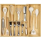 Fabsome Silverware Organizer for Cabinet Drawer, Expandable from 16.7'' to 30'' Wide Bamboo Wood Flatware Tray for Large Kitchen Drawers, Cutlery Utensil Holder