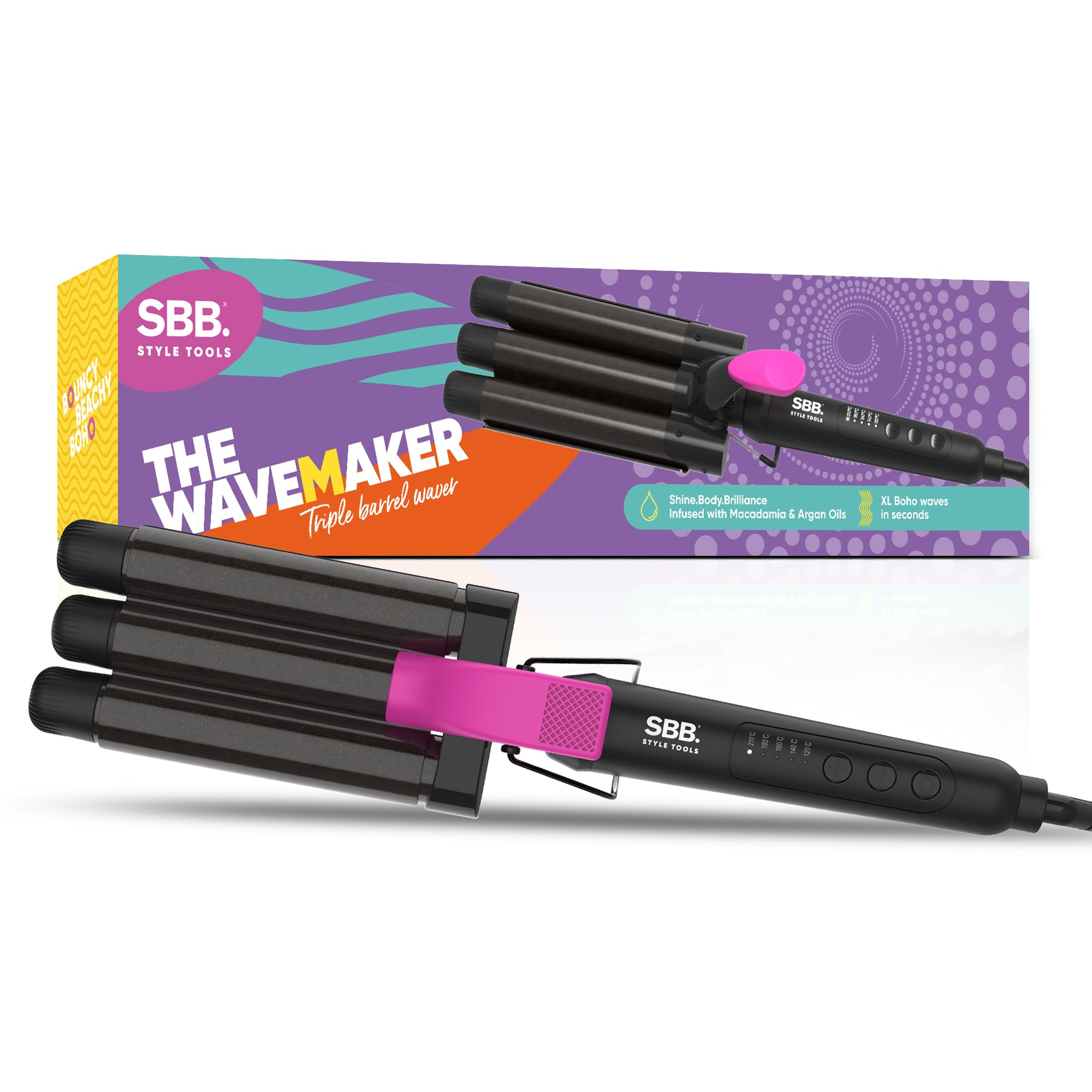 SBB The Wavemaker Triple Barrel Hair Waver - Ceramic Beach Waver, Hair Curler, Styler for Deep Mermaid Beach Waves for Short, Medium and Long Hair Types - Lightweight, Includes Heat-Resistant Glove