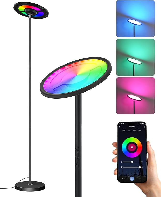 Lámpara de Pie RGB con Control por Aplicación y Voz, Compatible con Alexa, Sincronización Musical, Temporizador, Lámpara de Pie LED Inteligente, 30 W, Luz del 10 al 100%, para Salón, Negro