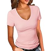 PALINDA Women's Short Sleeves Ribbed Fitted Shirt Basic V Neck Slim T Shirt Tops