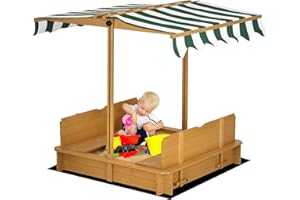 Outsunny Kids Wooden Sandbox w/Adjustable, retractible Canopy & Foldable Bench Seats for 3-7 Years Old, Light Brown