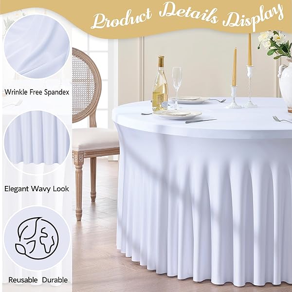 LEEGLERI 6 PACK SPANDEX WHITE ROUND TABLECLOTHS FOR 72IN TABLE, STRETCHY 132INCH FITTED 6FT ROUND TABLE CLOTHS, WRINKLE FREE TABLE COVER WITH SKIRT FOR WEDDING BIRTHDAY PARTY BRIDAL SHOWER BANQUET