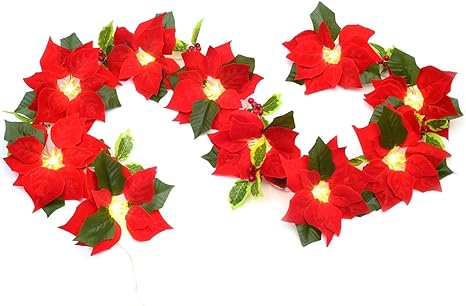 Amazon Co Jp Woooow 6フィート クリスマスガーランド ポインセチアガーランド レッドベリーとヒイラギの葉付き 屋内 屋外用 電池式 ホーム キッチン