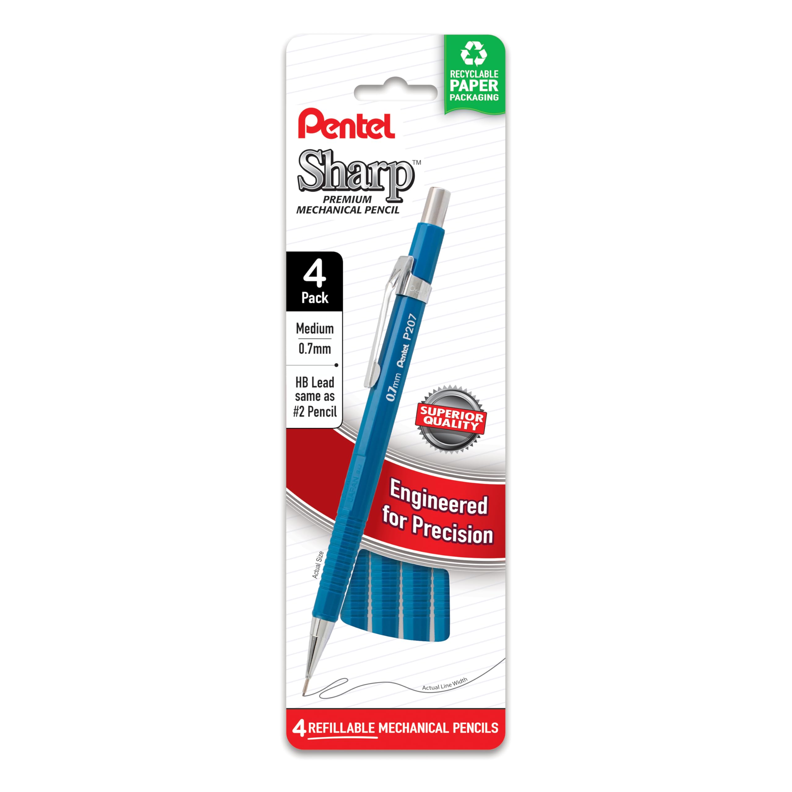 Photo 1 of Pentel Sharp Mechanical Pencil, (0.7mm), Medium Line, Blue Barrel, Pack of 4 (P207PF4C) open pack