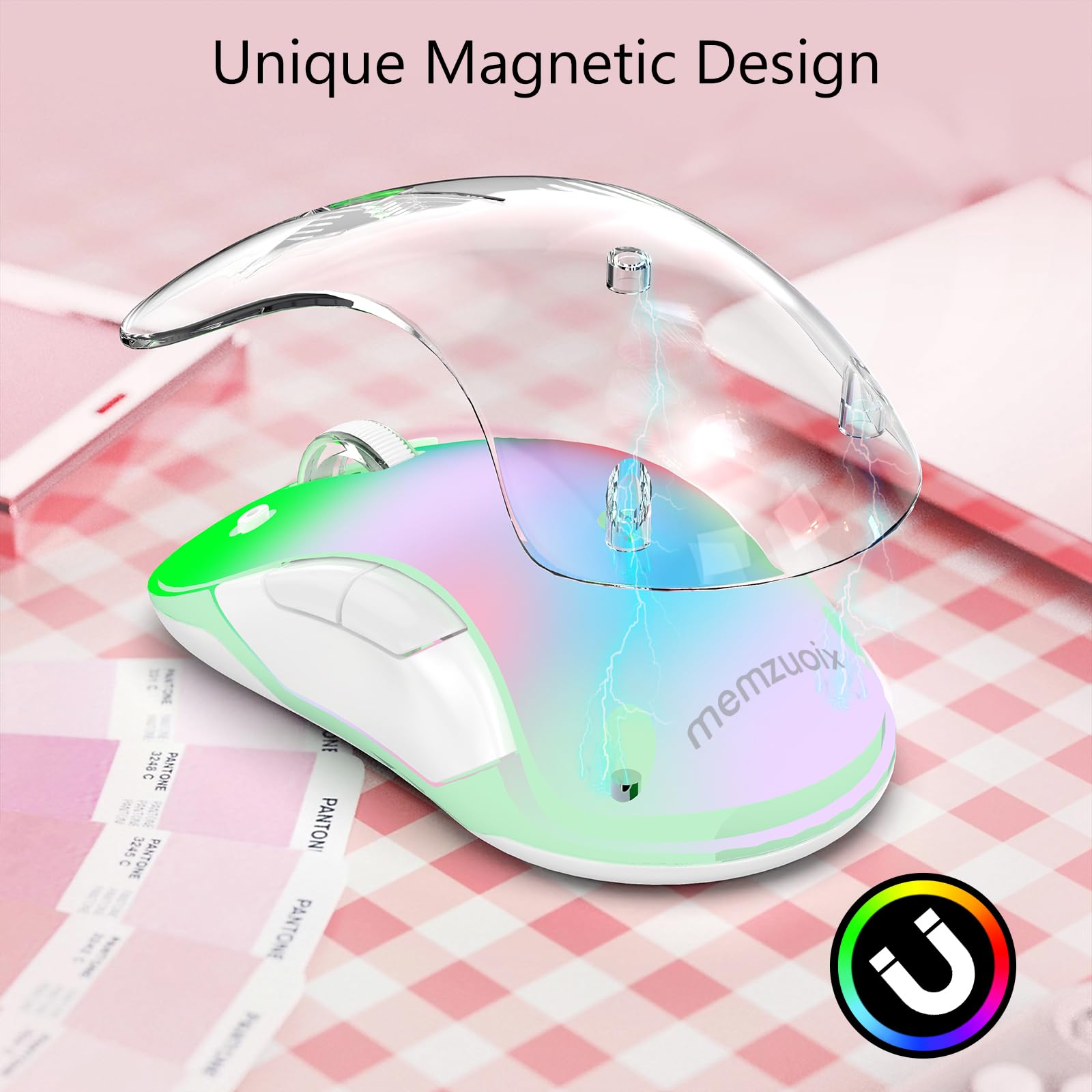 memzuoix 2.4G LED Wireless Mouse, Rechargeable Ergonomic Mouse with Detachable Cover, 1200 DPI Portable Optical Computer Mouse with USB Receiver for Laptop, PC, Desktop and MacBook, 5 Buttons-Pink