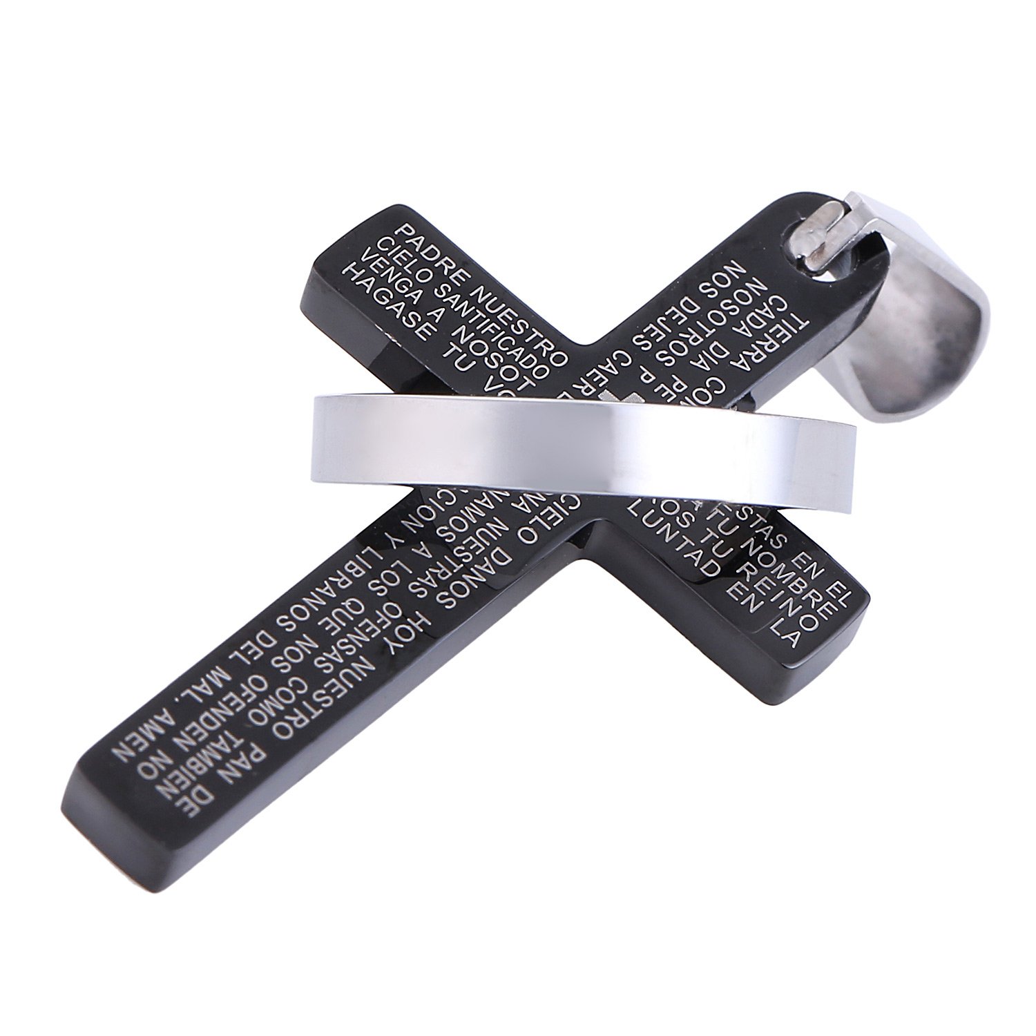 DonDon Men’s Cross Pendant Stainless Steel with Spanish Lord's Prayer Engraving Black — image 1