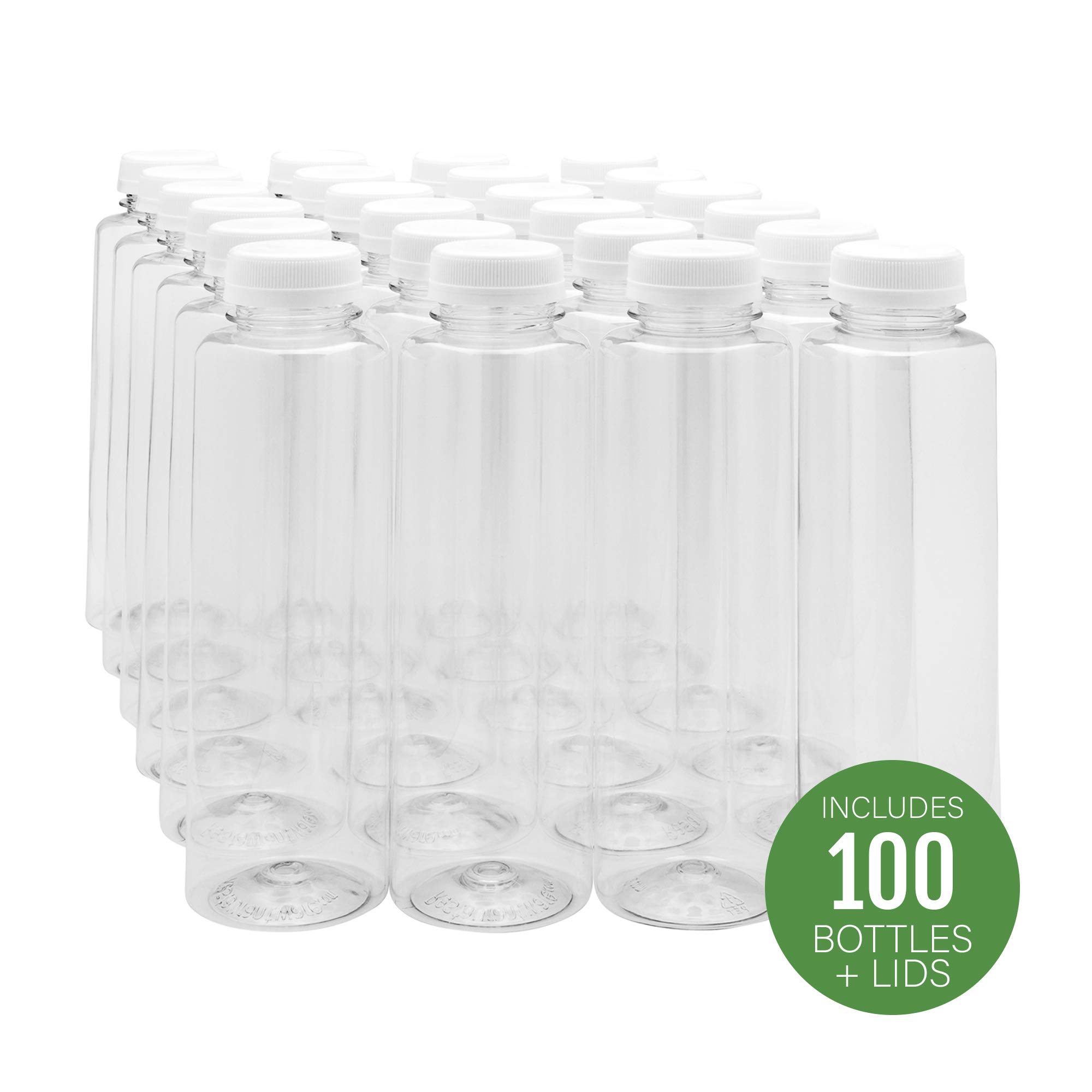 16-OZ Cylindrical Plastic Juice Bottles - Cold Pressed Clear Food Grade PET Bottles with Tamper Evident Safety Cap: Perfect for Cafes and Catering Events - Disposable and Eco-Friendly - 100-CT