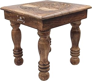 DharmaObjects Solid Mango Wood Hand Carved Puja Shrine Altar Meditation Table (Tree of Life 1)