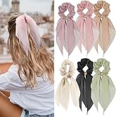 6 Pcs Scrunchies and Hair Accessories: Chiffon Floral Bowknot Ponytail Holders, Soft Elastic Hair Ribbons and Bunny Ear Ties for Women and Girls
