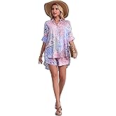 HECCPLI Women's Boho 2 Piece Outfit Floral Open Front Tropical Tunic Blouse and Shorts Set