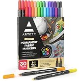 ARTEZA Fabric Markers, Set of 30, Colored Permanent Textile Markers, Dual-Tip Pens for Coloring T-Shirts, Jeans, Jackets, Backpacks