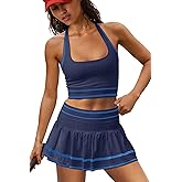 LAMISSCHE Tennis Skirt Sets Women 2 Piece Outfits Summer Yoga Skort Set Seamless Halter Top and Skirt with Pockets