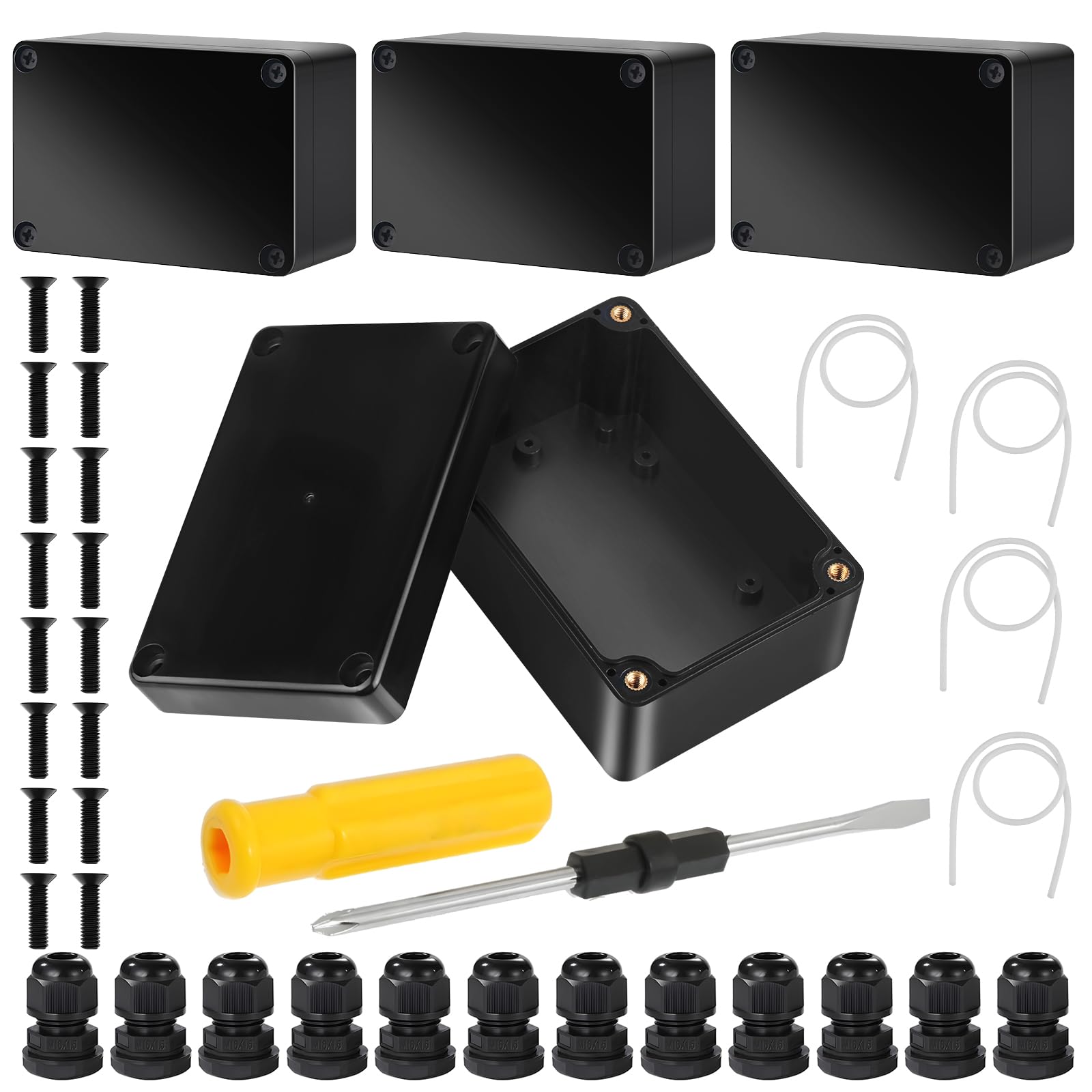 Pack of 4 Plastic Casing, IP67 Waterproof Junction Box, Electrical Terminal Box, Black with 12 Cable Glands, Electronic Casing, Waterproof for Electrical Installations, Indoor and Outdoor Use