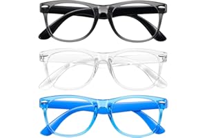 Okany Blue Light Glasses for Kids 3 Pack Blue Light Blocking Glasses for Teen Boys Girls Age 3-10,Computer Screen Gaming TV Phone Glasses Anti Glare,UV & Eye Strain (Grey Black+Transparent+Blue)