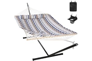 ANOW Outdoor Double Hammock with Stand, Portable Hammock with Detachable Pillow and Pad for Garden Yard Outside, 450 LBS Weight Capacity, Blue Seaside