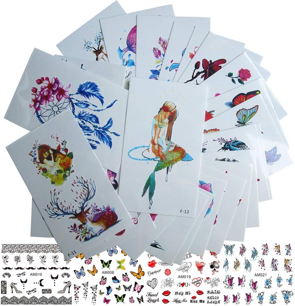 30 Sheet Women Body Art Temporary tattoos Stickers Kit, Flower Animal Butterfly Feather Fake False Tattoos for Arm Legs Back Kids 4 Sheet Nail Art Sticker Decal Decorations (AABB015F)