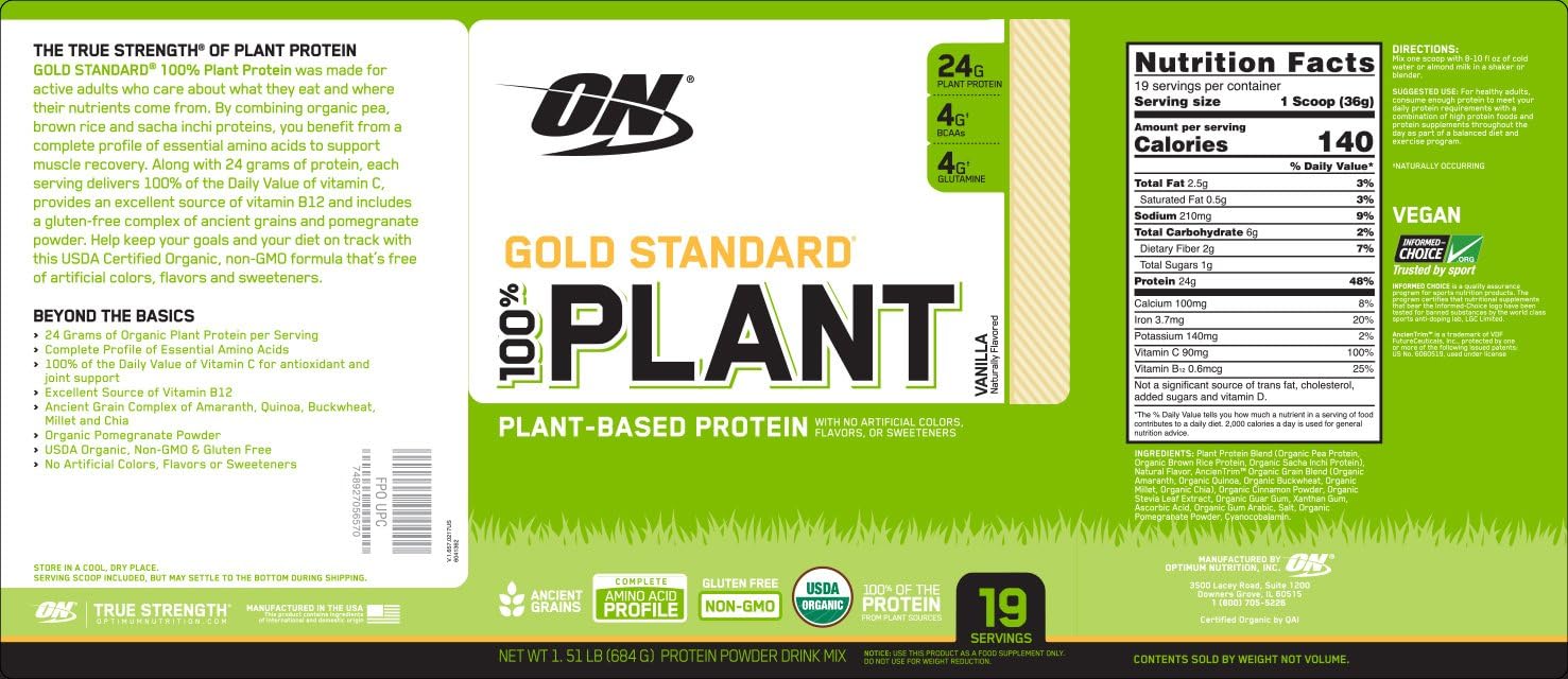 Optimum Nutrition Gold Standard 100% Plant Based Protein Powder, Vitamin C for Immune Support, Vanilla, 1.51 Pound: Health & Personal Care
