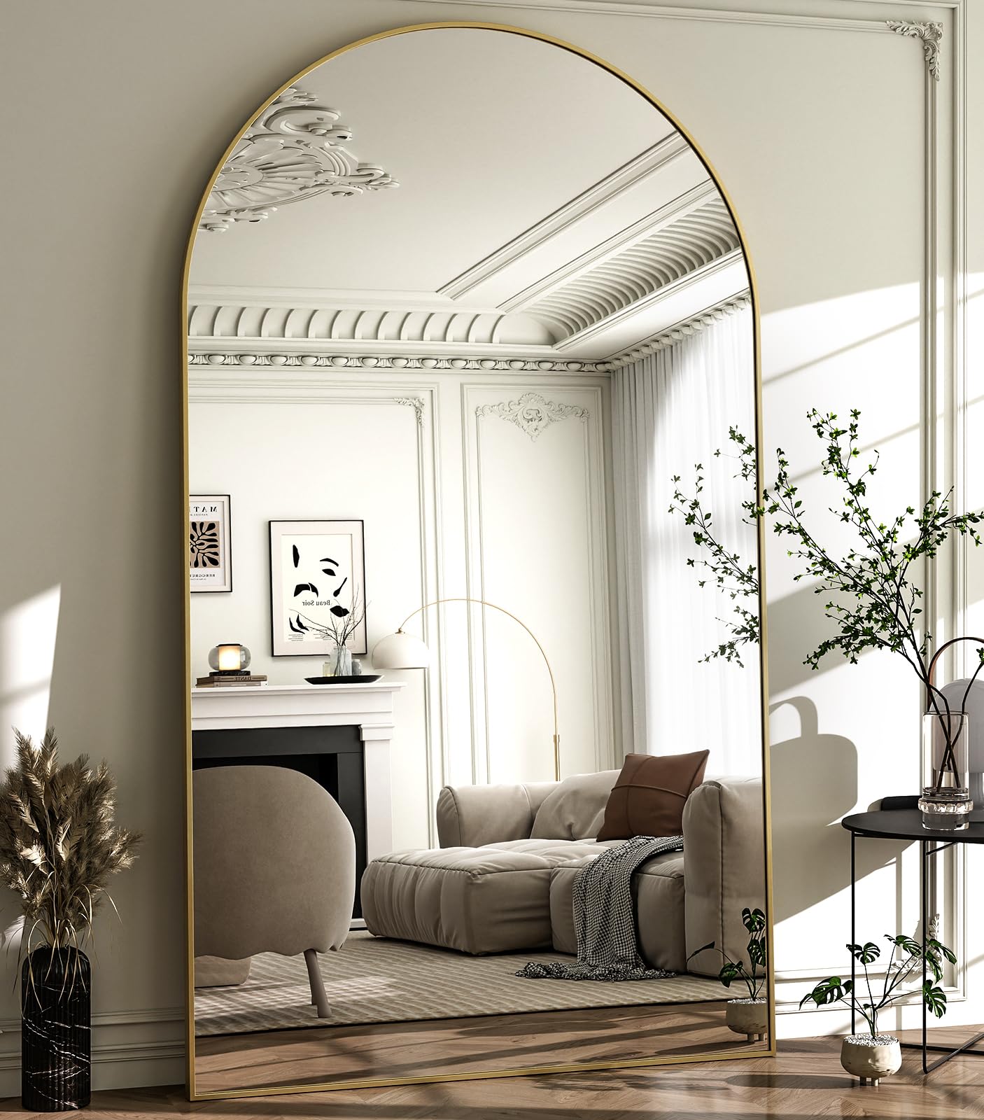 HARRITPURE 86x46 inch Full Length Mirror - Oversized Arched Mirror Aluminum Frame Full Body Floor Mirror with Stand for Living Room,Bedroom,Cloakroom,Gold Image