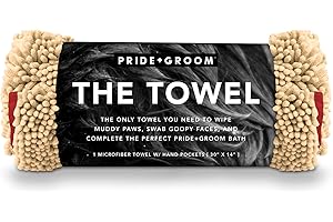 PRIDE AND GROOM The Towel – Thick, Soft, Super Absorbent Microfiber Towel for Dogs & Pets That is Quick Drying, Holds 7 Times its Weight in Water and Has Dual Pockets for Your Hands