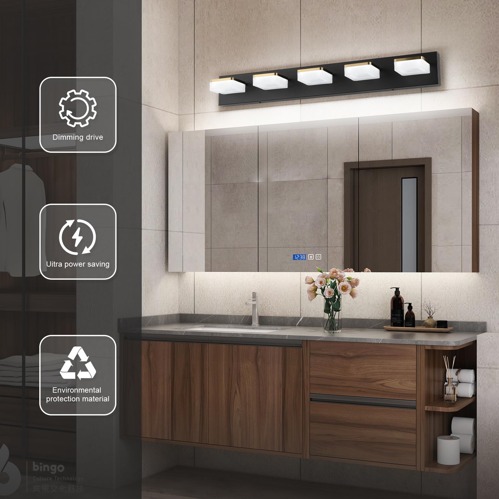 Bicrink 5 Light Bathroom Vanity Light LED 30W Bright Dimmable Bathroom Light Fixtures Over Mirror, Gold Black Vanity Lights for Bathroom, Wall Sconces with Acrylic Lampshade, Daylight 5500K