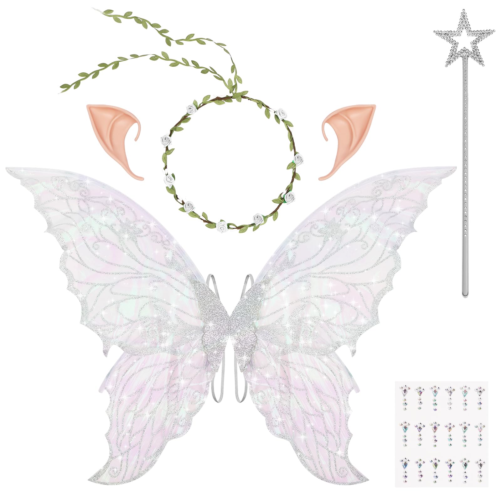 DiULi Fairy Wings, Kids Butterfly Wings Cape Fairy Angel Princess Costume Fairies Wing Set With Wands Crown Ears Fairies Flower Headband Diamond Sticker for Halloween Birthday Chrismas Part(White)