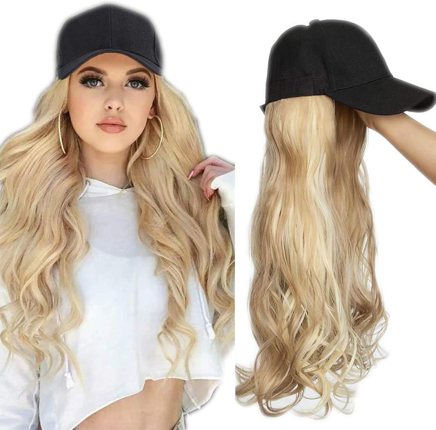 Baseball Cap With Long Wavy Hair Extensions 16 Inch Ombre Synthetic Hair With Attached Black Hat For Women Daily Party Use