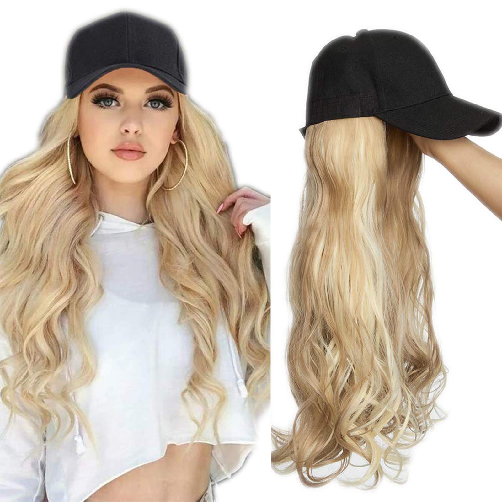 Baseball Cap With Long Wavy Hair Extensions 16 Inch Ombre Synthetic Hair With Attached Black Hat For Women Daily Party Use - Sandy Blonde & Bleach Blonde — image 1
