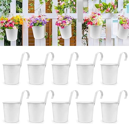 UV Balcony Planters Railing Hanging Flower Pots with Detachable Hook, Rail Planter, Iron Fence Bucket Outdoor Flower Pot for Patio Fence Deck Balcony Garden Color || (Pack of 10)