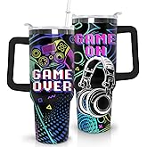 thmasamwr Game Tumbler with Lid and Straw, 40oz Gamer Water Bottle Cup with Handle, Gaming Travel Coffee Mugs, Birthday Gifts for Gamer Men Boys